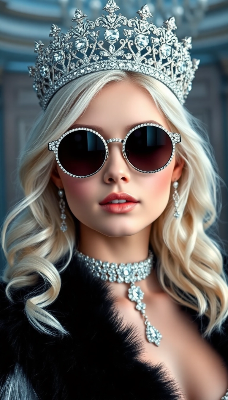 HD iPhone AI Young Platinum Blonde Queen in Black Fur Dynamic Background Royalty-Free Stock Photo